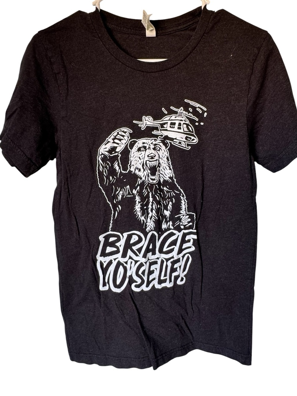 Bear Wearing Braces Funny Black Men’s S Graphic Tee “Brace Yo'Self”